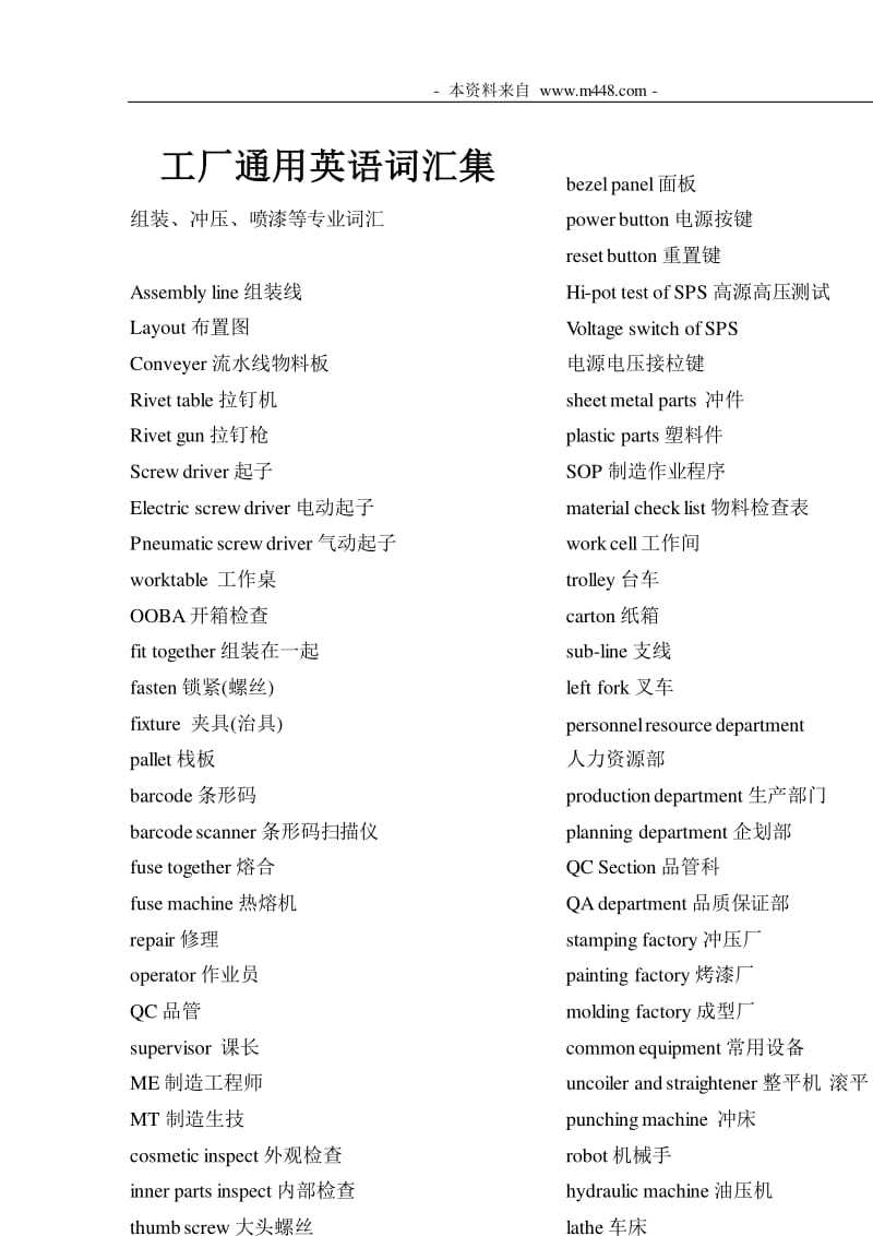 《制造工厂通用英语词汇集》_文库吧